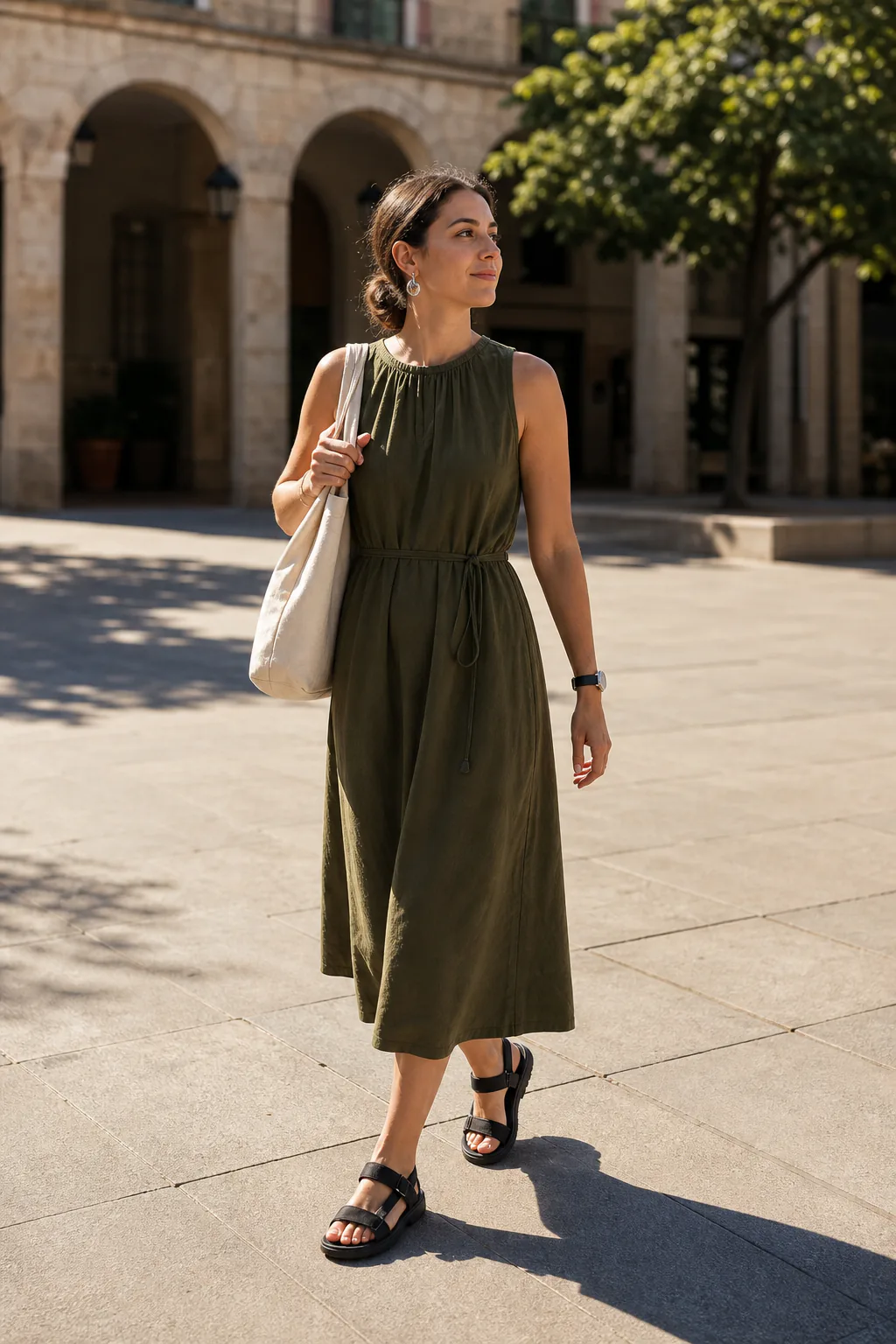 4. Cotton Midi Dress With Sporty Sandals