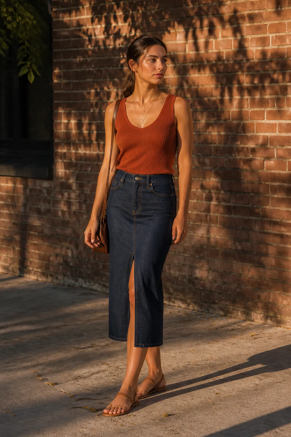 19. Denim Midi Skirt With a Ribbed Tank