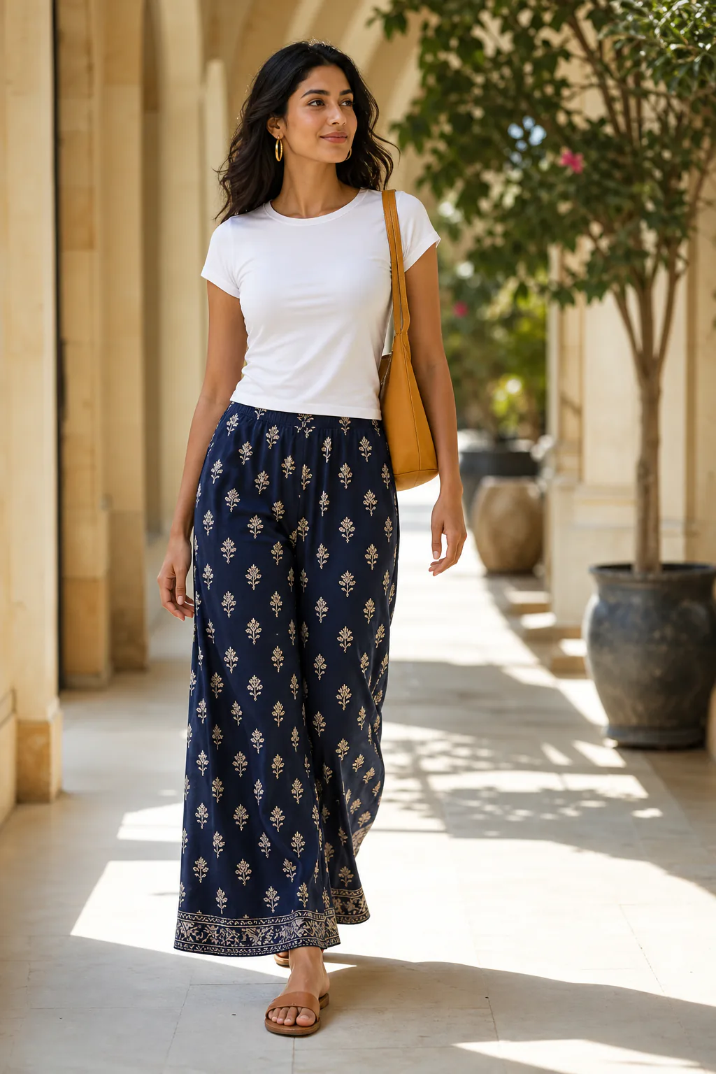25. White Tee With Printed Palazzo Pants