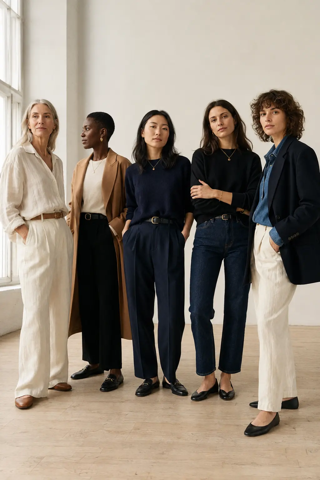 Five women in coordinated neutral capsule wardrobe outfits in a bright studio