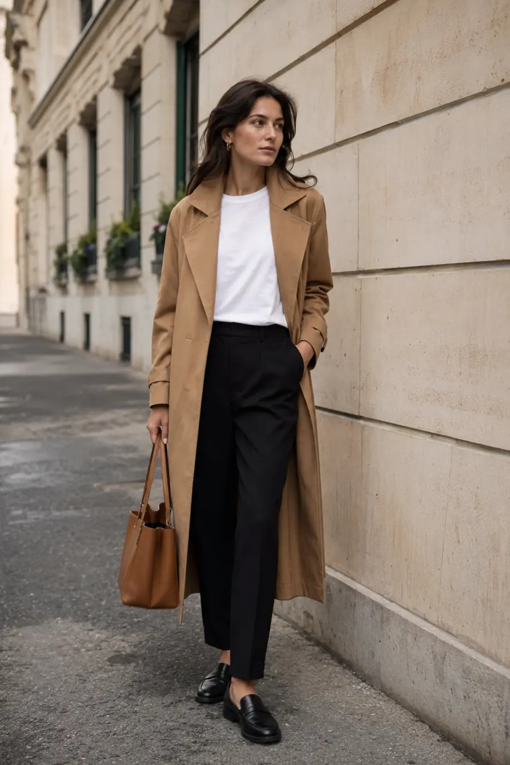 Woman wearing a camel trench, white tee, black trousers, and loafers on a city street