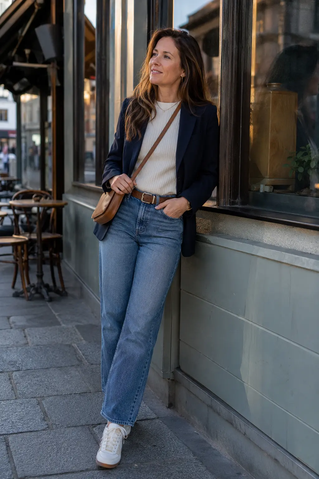 Woman styling straight-leg jeans with an ivory knit top and navy blazer