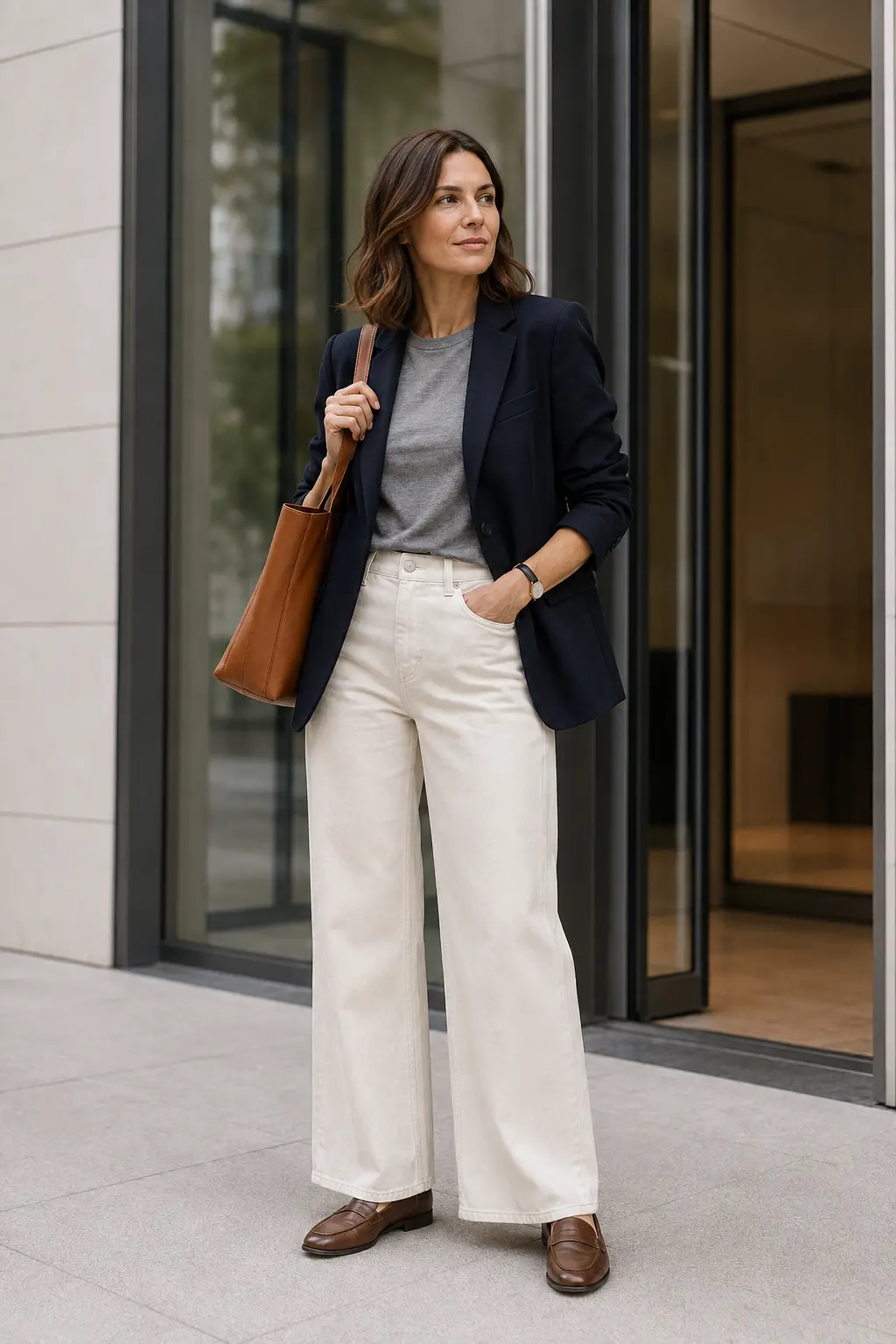 Woman pairing a navy blazer with a gray tee and ecru wide-leg jeans