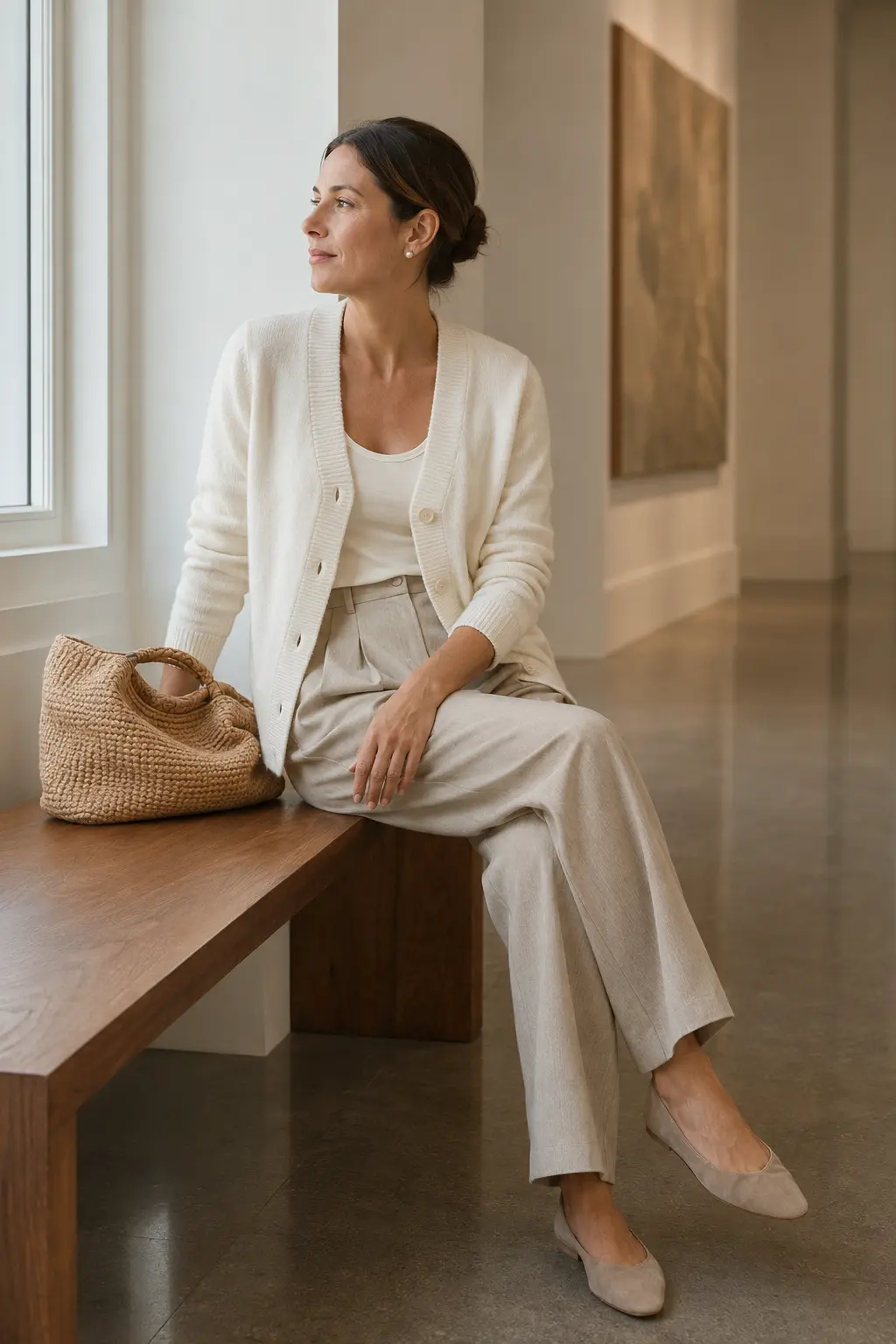 Woman in a cream cardigan, ivory top, and oatmeal trousers in a gallery