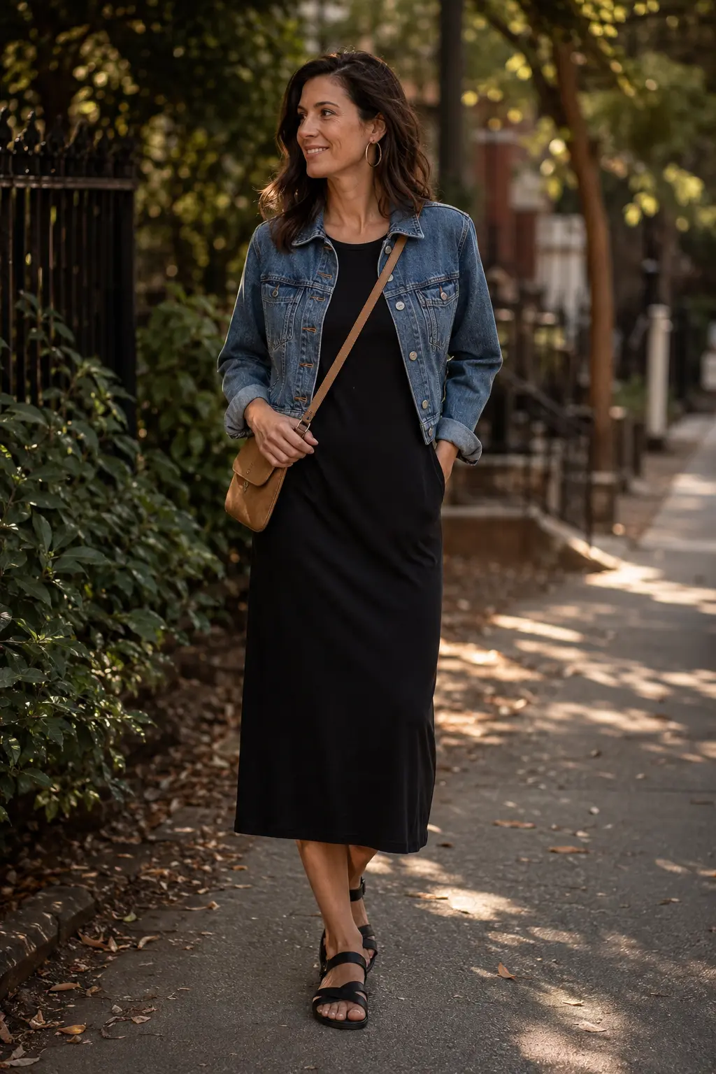 Woman styling a black midi column dress with a denim jacket and sandals