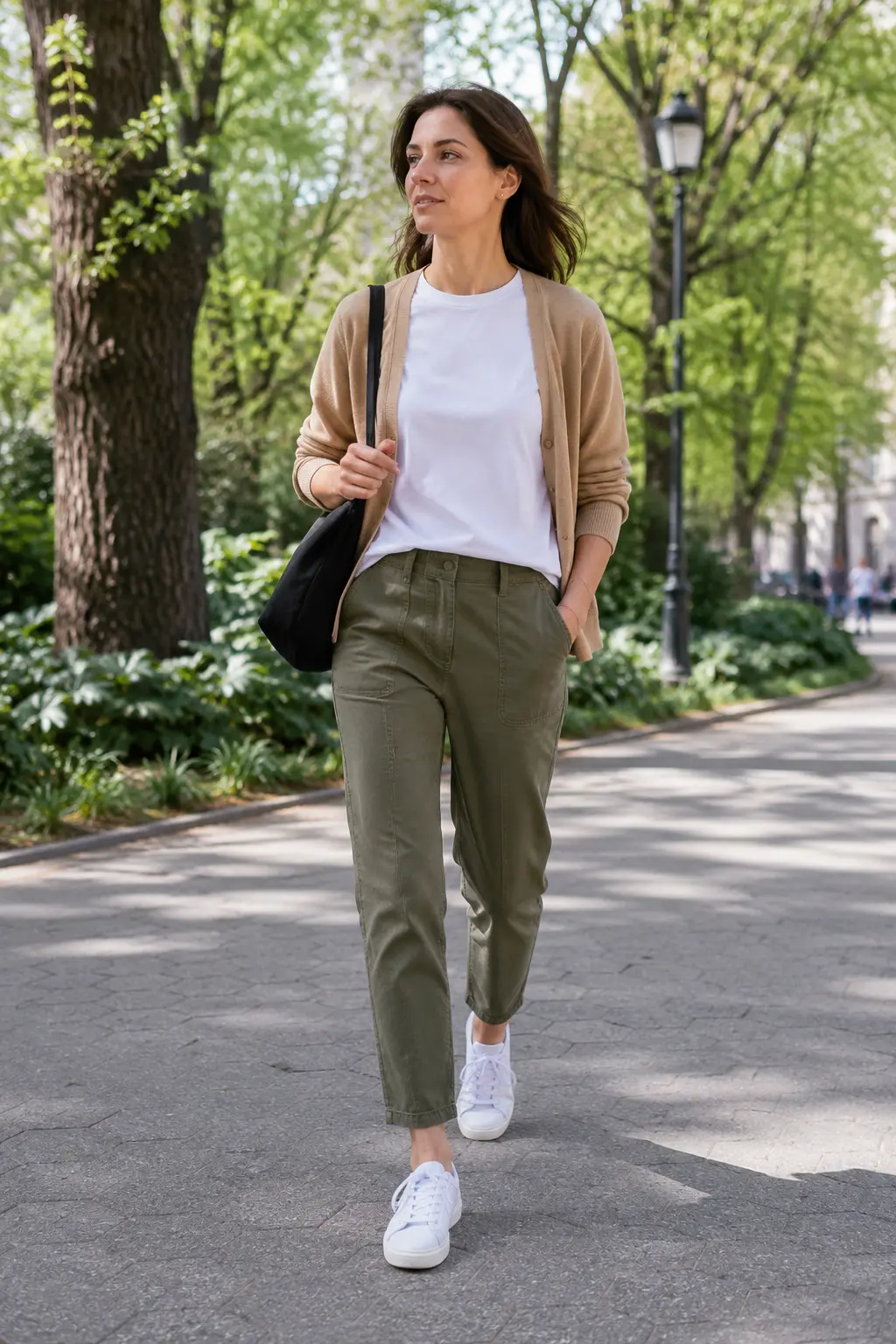 Woman styling olive trousers with a white tee, camel cardigan, and sneakers