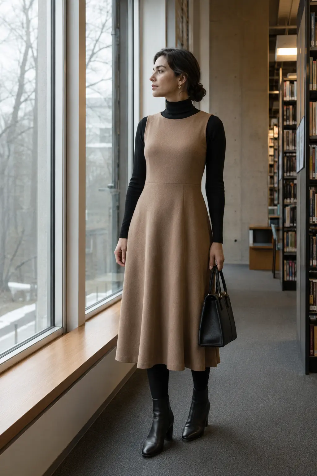 Woman layering a black turtleneck under a camel sleeveless wool dress