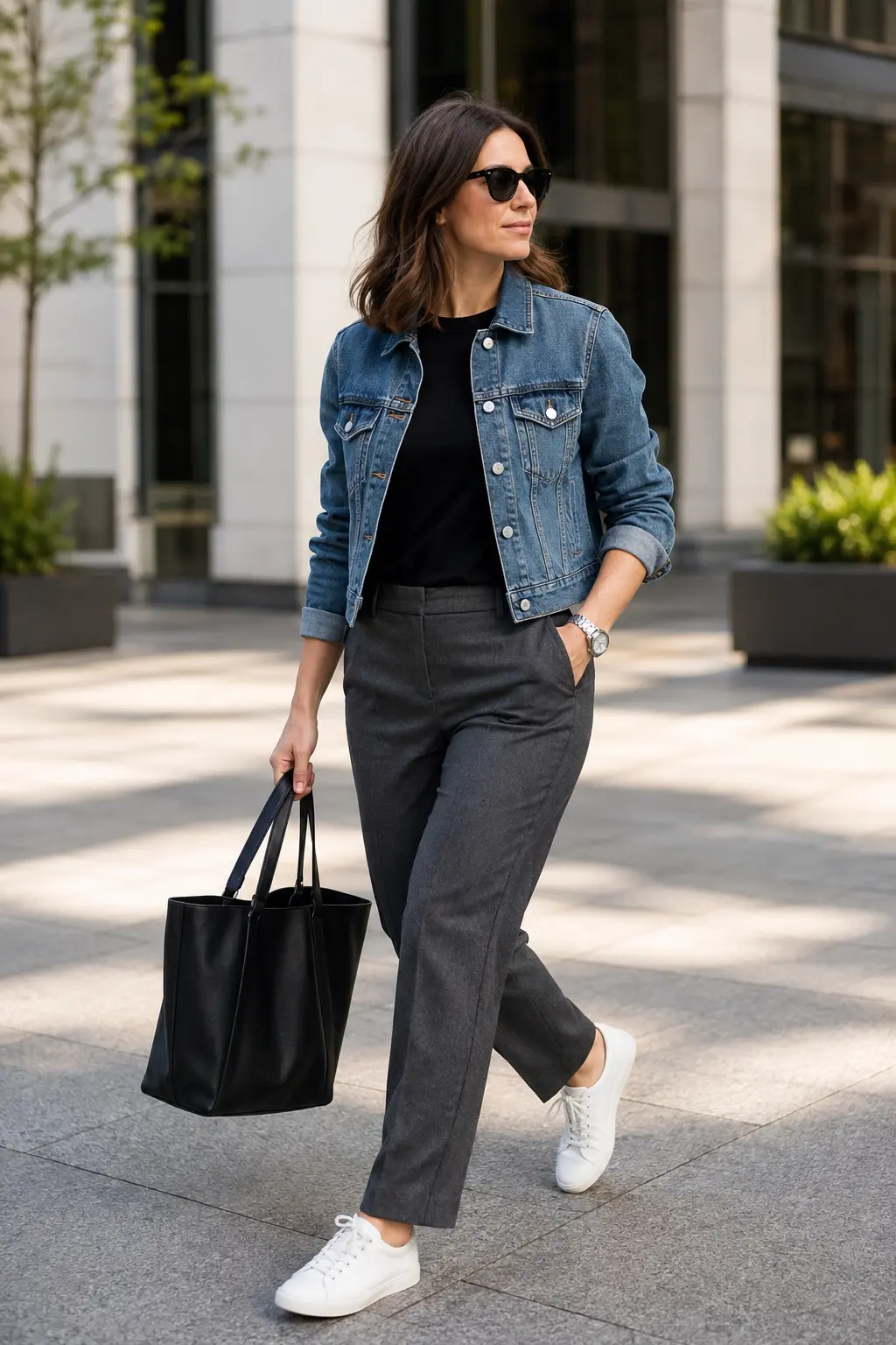 Woman pairing a denim jacket with charcoal tailored trousers and white sneakers