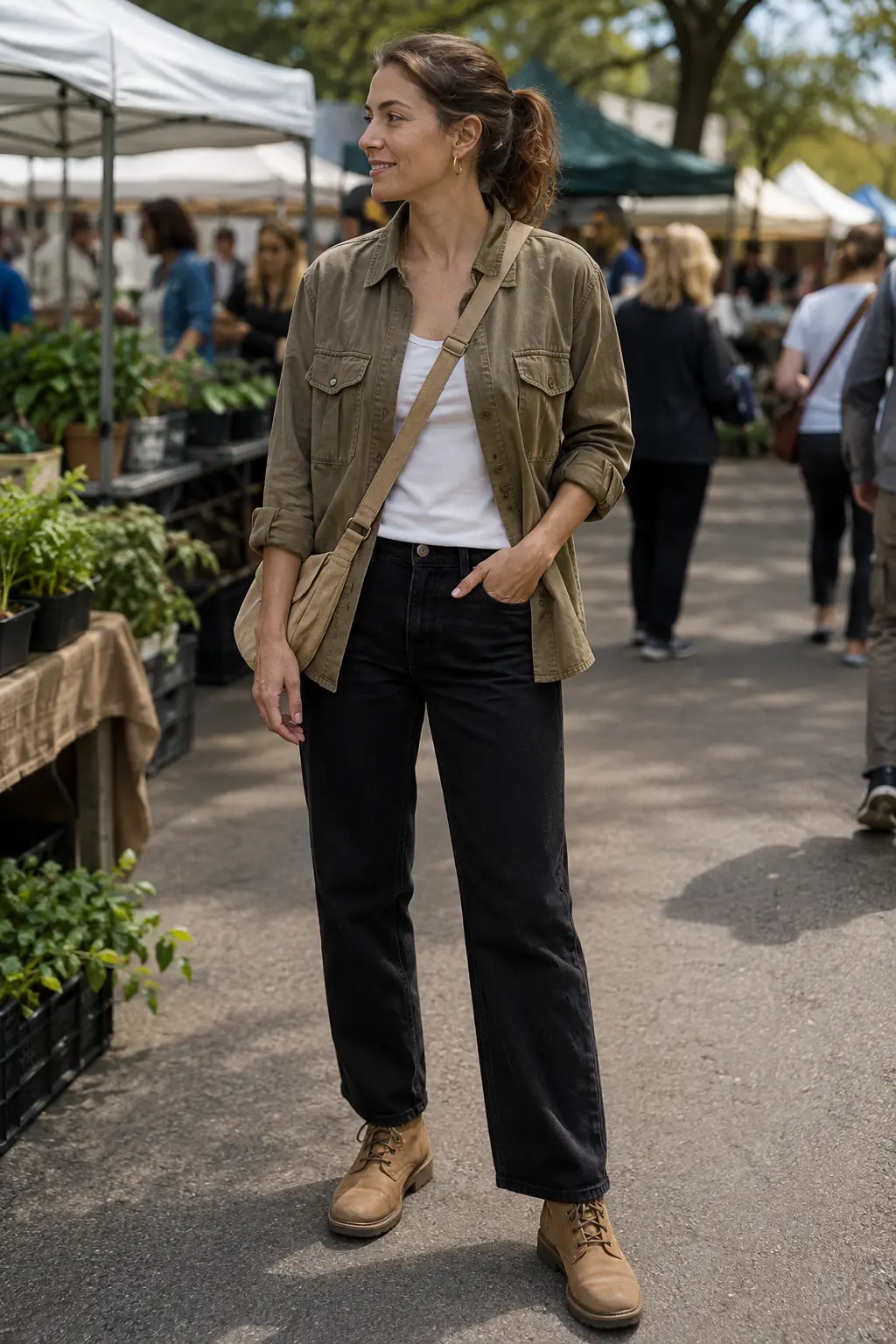 Woman styling a khaki utility shirt jacket with a white tank and black jeans