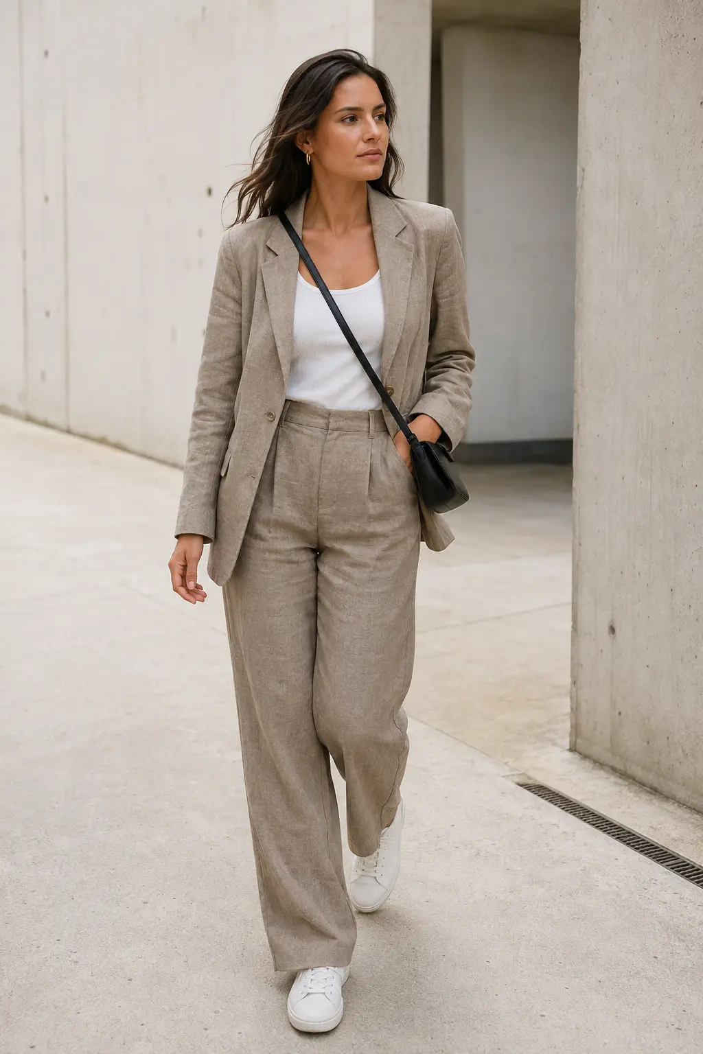 Woman wearing a relaxed taupe suit with a white tank and sneakers