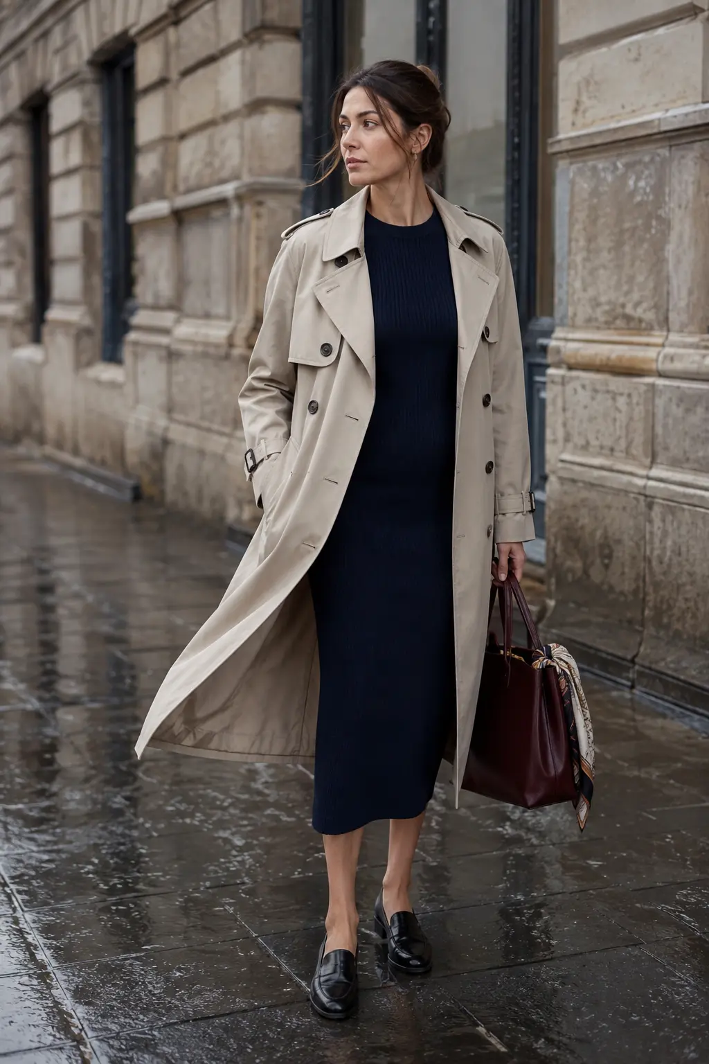 Woman wearing a stone trench over a navy midi dress on a damp city street