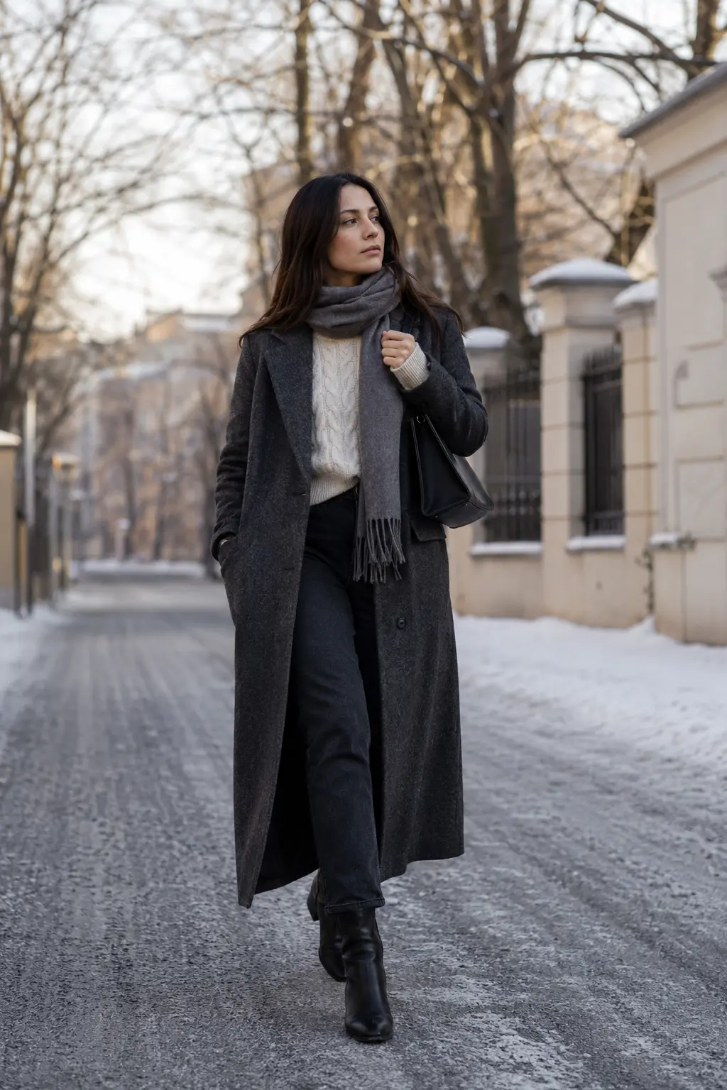 Woman in a charcoal wool coat, cream sweater, dark jeans, and ankle boots