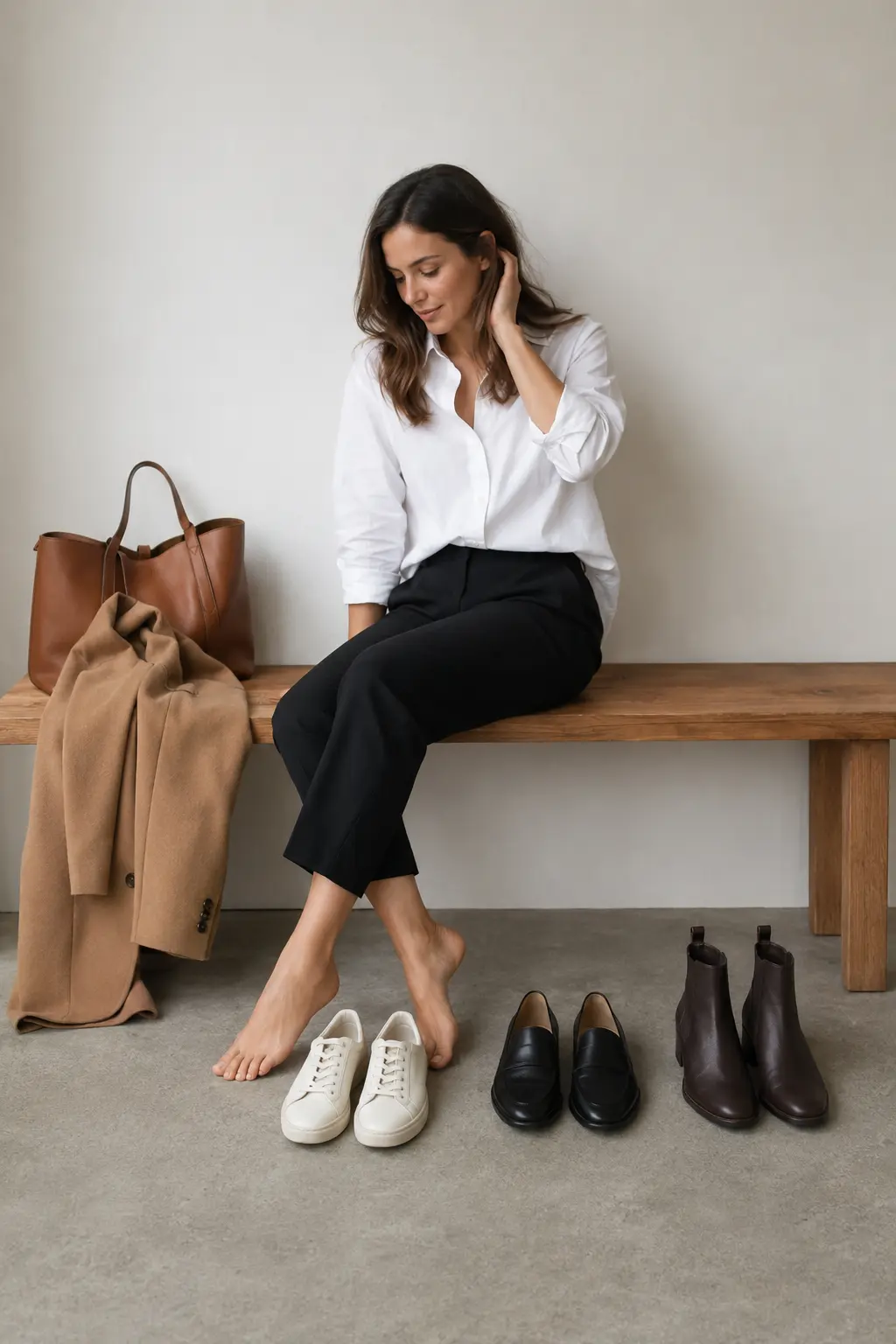 Woman beside cream sneakers, black loafers, and brown ankle boots in a studio
