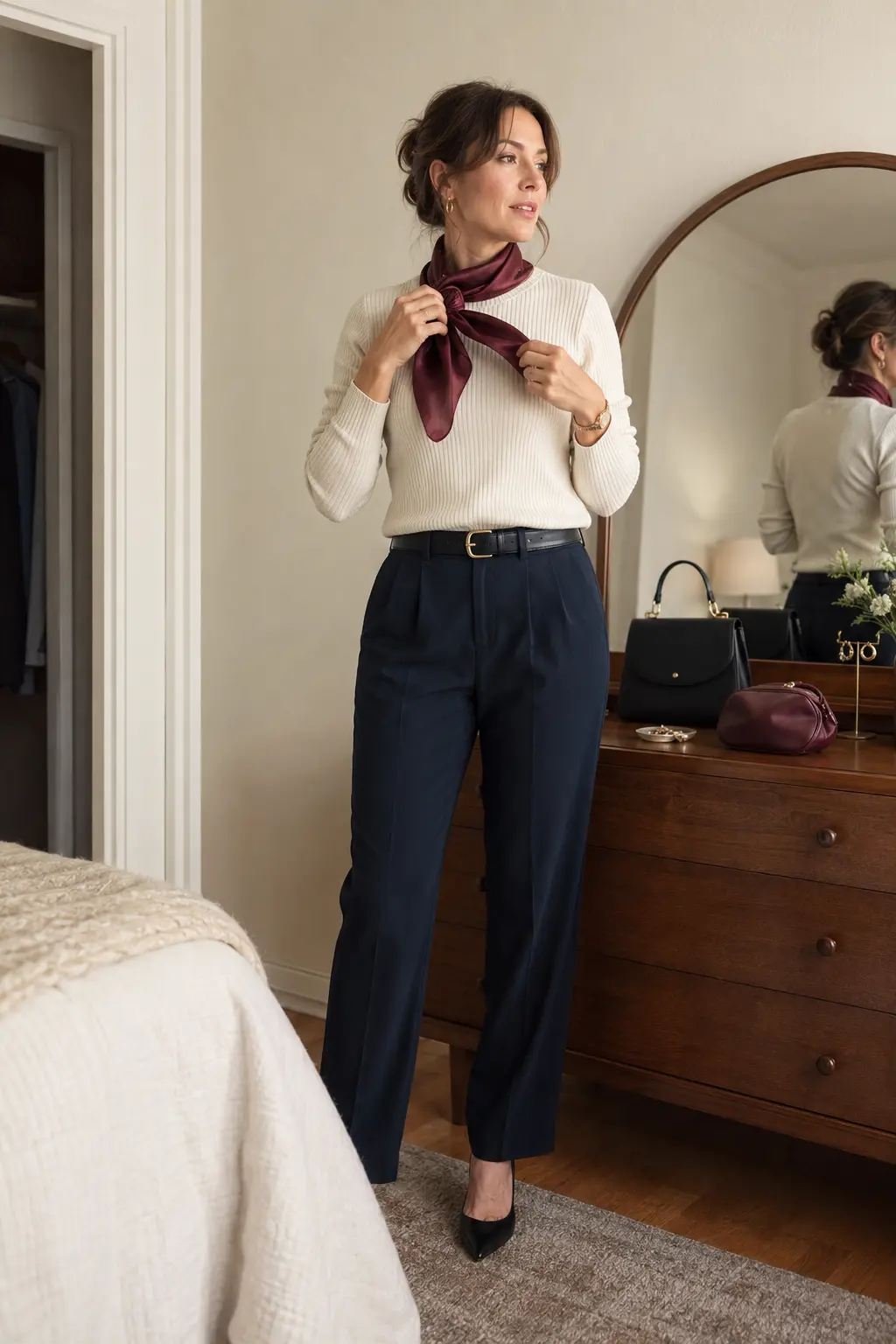 Woman styling an ivory knit and navy trousers with a burgundy scarf