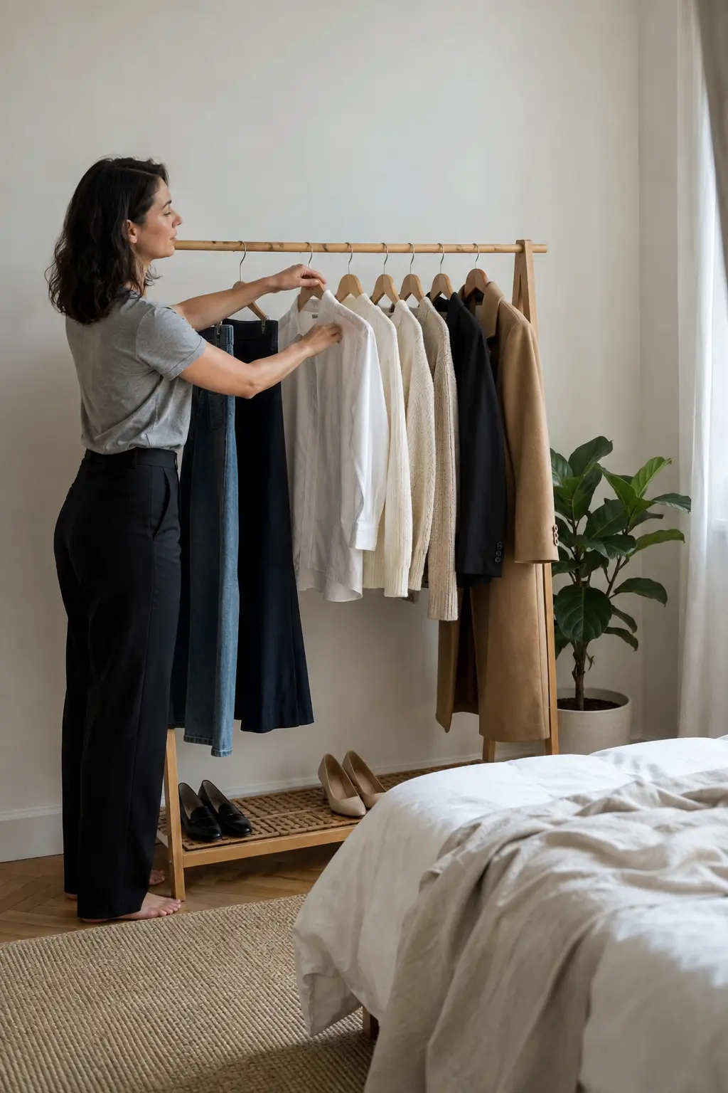 Woman arranging seven coordinated neutral outfits on a clothing rail