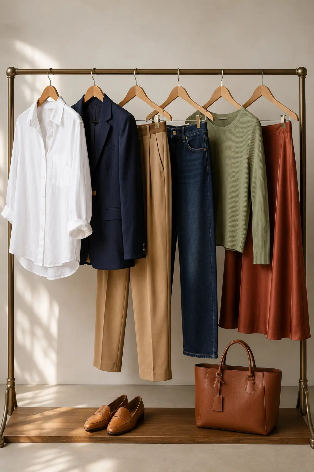Coordinated capsule wardrobe in white, navy, camel, denim, sage, and rust.