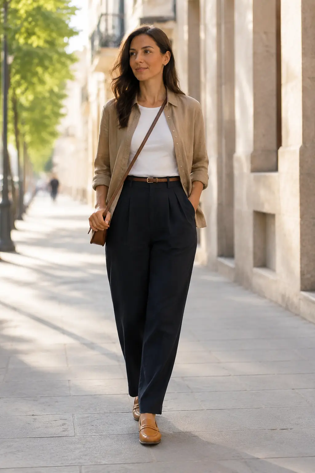 Woman wearing a white T-shirt, camel linen shirt, navy trousers, and tan loafers.