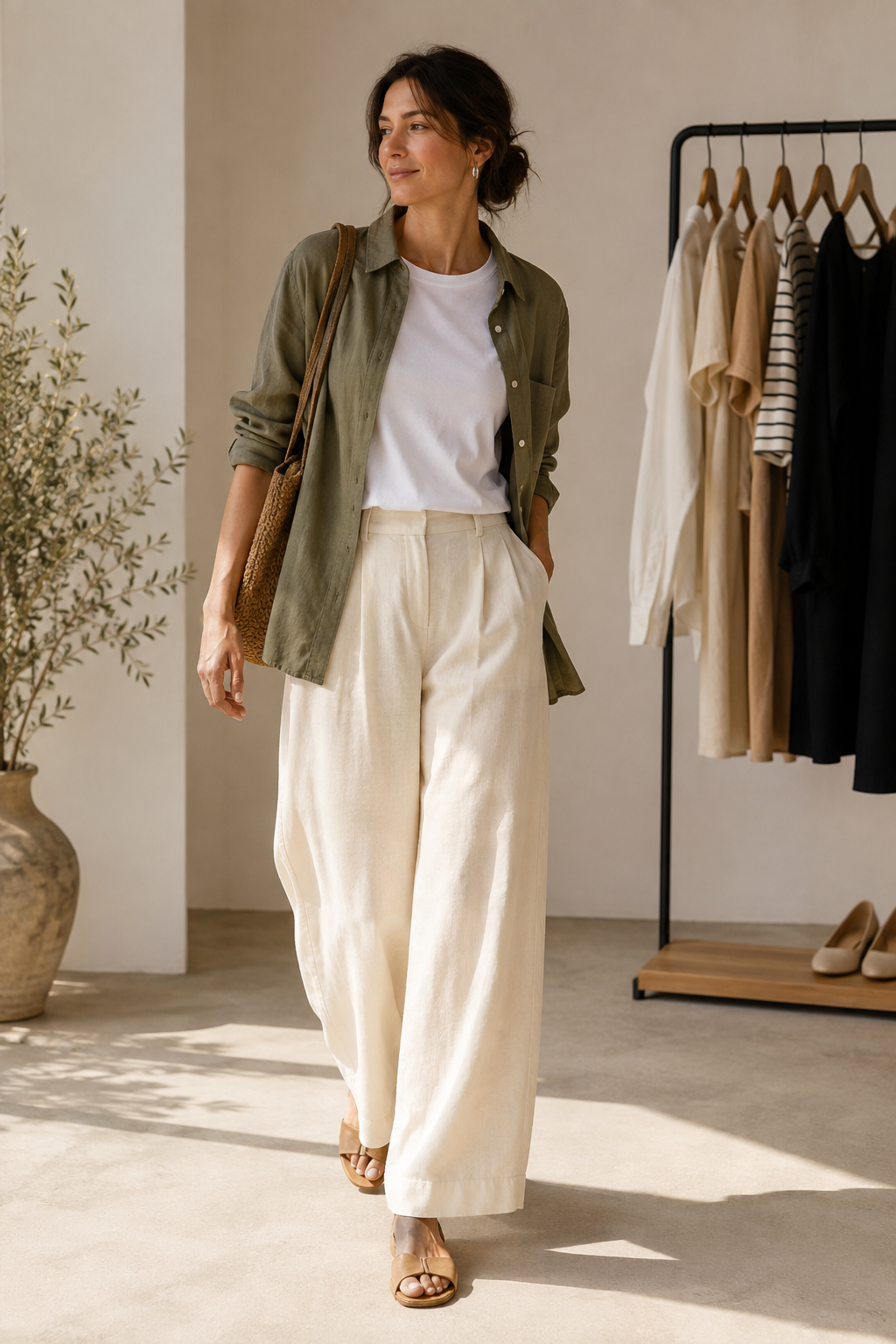 Woman wearing an olive overshirt, white T-shirt, and ecru trousers as versatile capsule wardrobe basics.