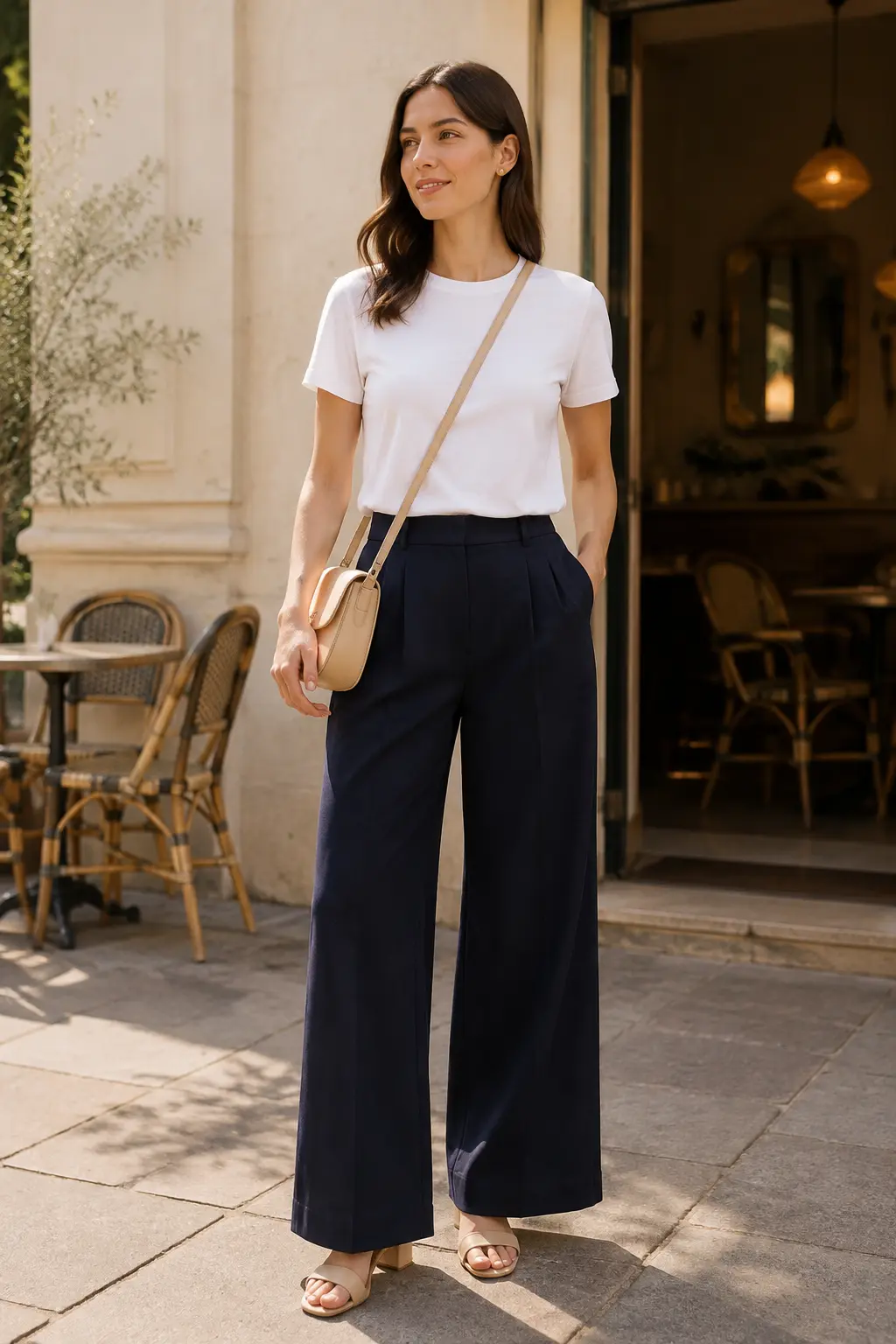 Woman wearing a white T-shirt with navy trousers and beige sandals.