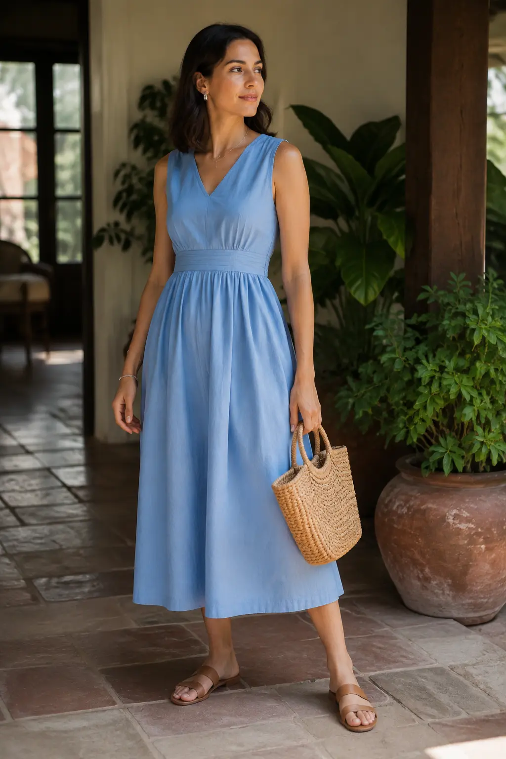 Woman wearing a cornflower-blue cotton midi dress with tan sandals.