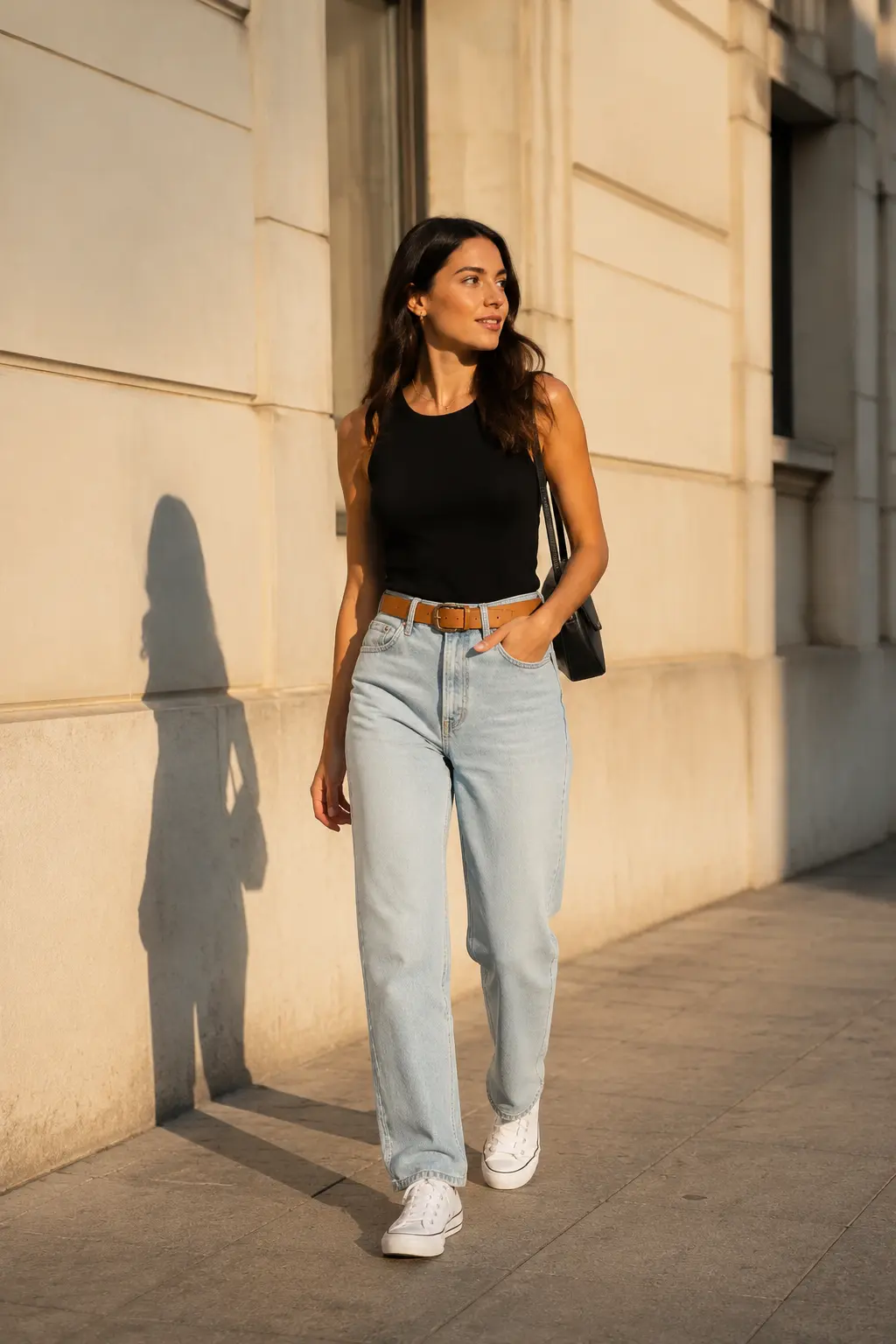 Woman styling light-wash jeans with a black top and white trainers.