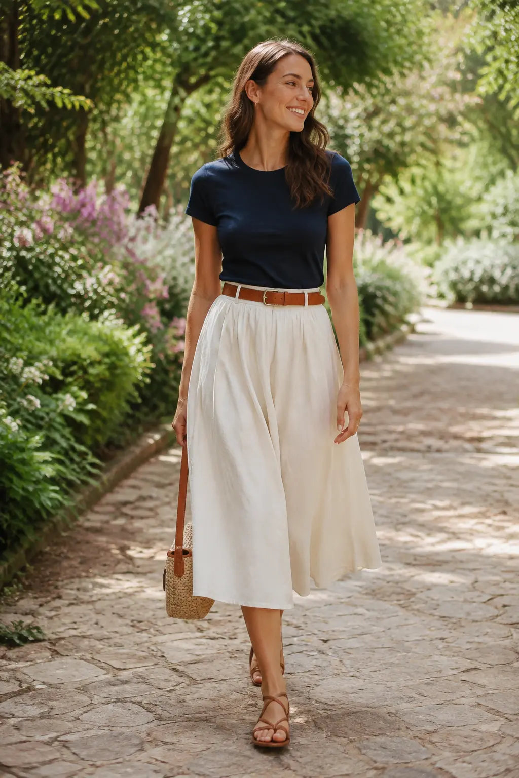Woman wearing a cream A-line midi skirt with a navy T-shirt.