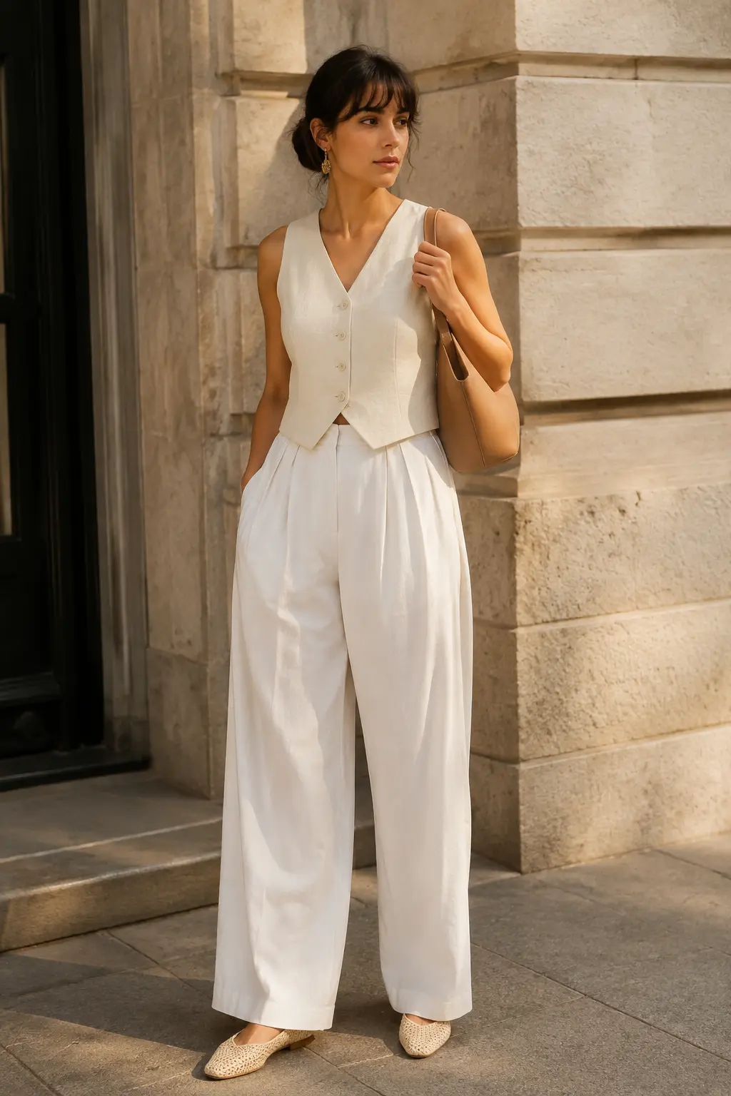 Woman wearing textured ivory separates with cream woven flats.