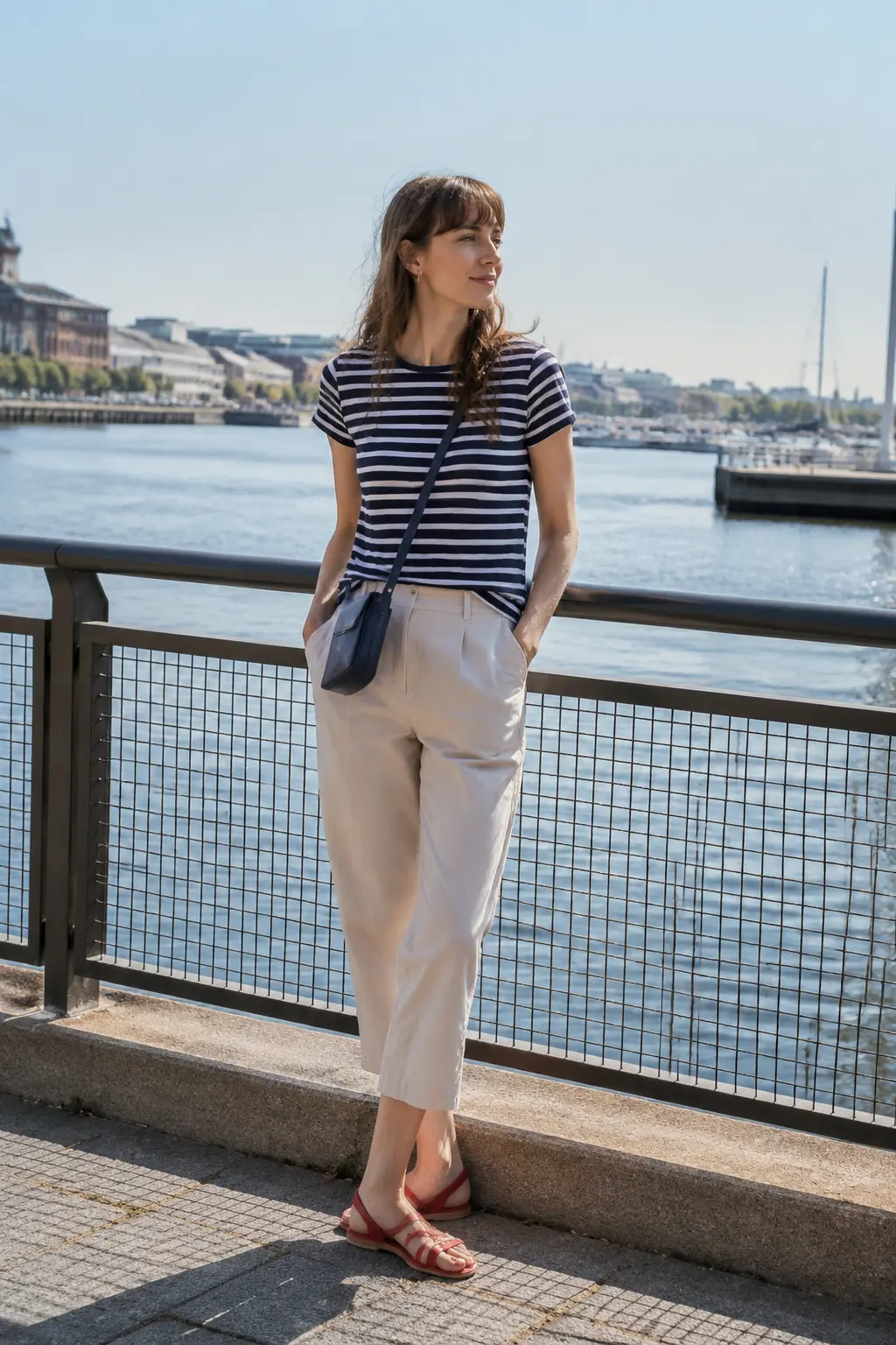 Woman wearing a navy striped tee with beige trousers and red sandals.