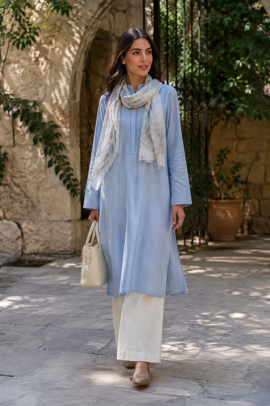 Woman wearing a soft-blue tunic with ivory wide-leg trousers.