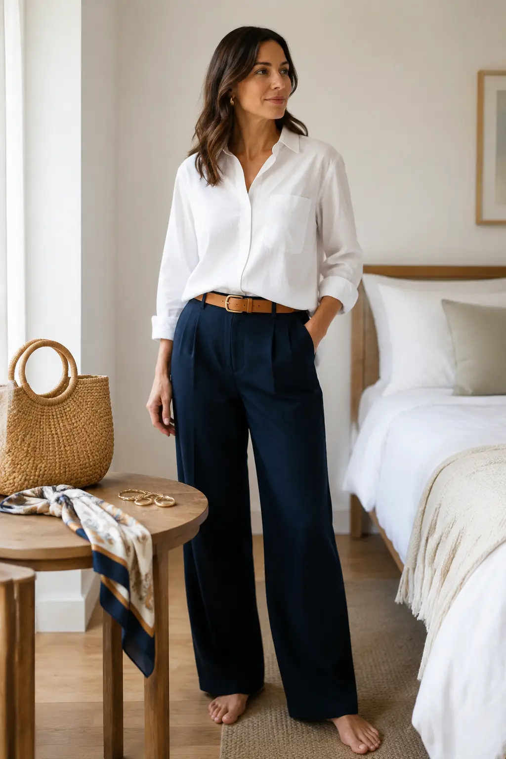 Woman styling a white shirt and navy trousers with summer accessories.